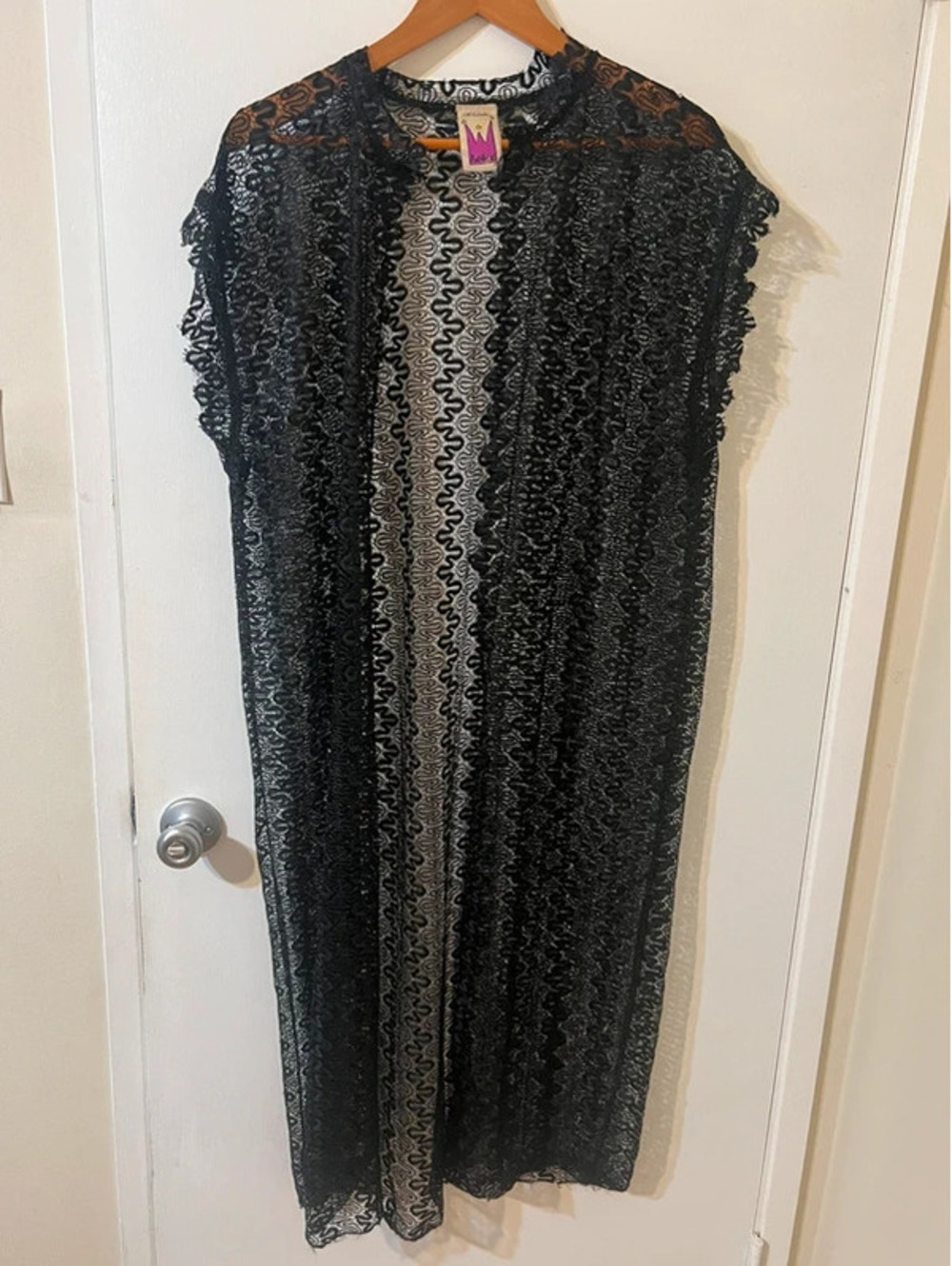 Original Anthony Black Lace Long Duster Vest Size L Open Front Sheer Boho